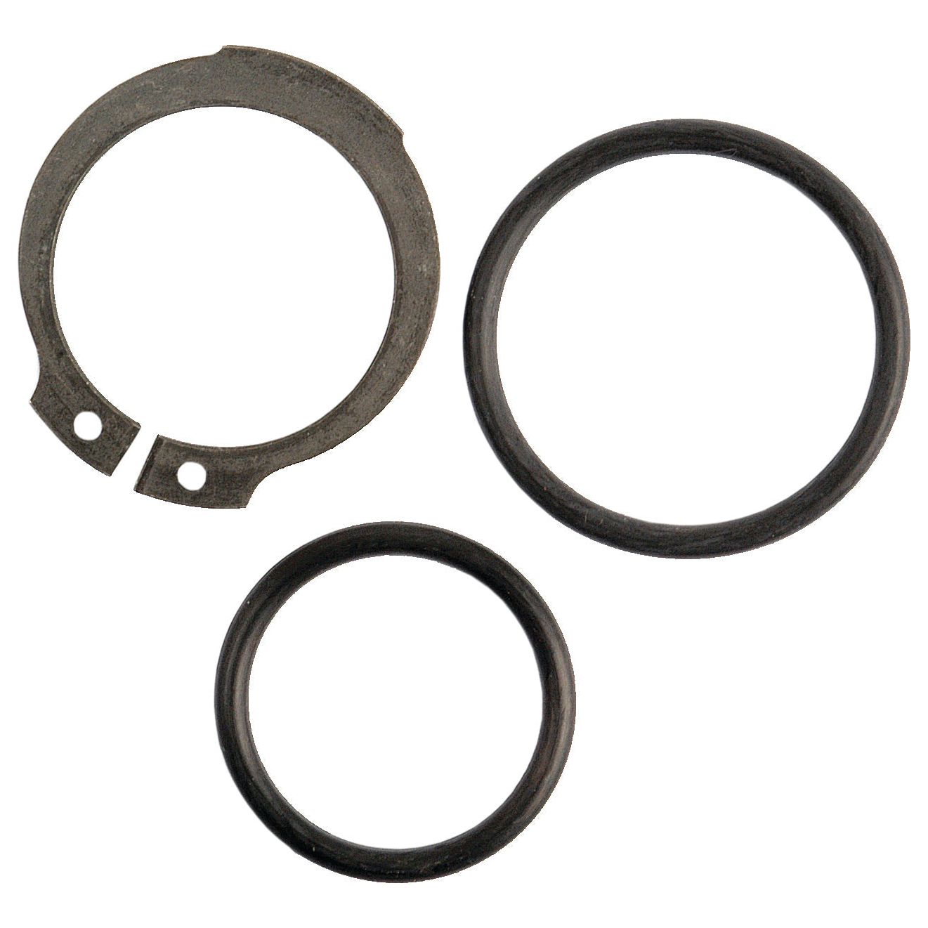 Three circular metal rings of varying sizes, including one with notches and holes, arranged on a white background, resemble components from the Sparex Hydraulic Diverter Ball Valve Repair Kit (S.8144), similar to how the Sparex S.3232 conversion adaptor seamlessly fits from 1/2'' BSP to 18mm.