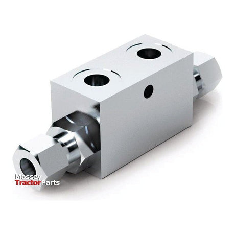 Image of a zinc-plated steel Hydraulic Double Acting Check Valve - S.12721 by Sparex, with the logo "Massey Tractor Parts" in the bottom left corner. The valve block features two ports for hose connections and pilot check valves to ensure precision and safety.