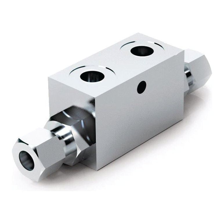 The Sparex Hydraulic Double Acting Check Valve - S.12721 is zinc-plated steel with two threaded connections on opposite ends and a rectangular body featuring two additional ports on top. This pilot check valve is designed to effectively block the cylinder.