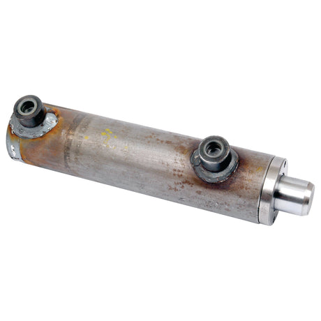 A Sparex Hydraulic Double Acting Cylinder Without Ends, 25 x 40 x 100mm (Part No. S.59200), showing signs of rust, with two black connectors on either end and a bore of 40mm.