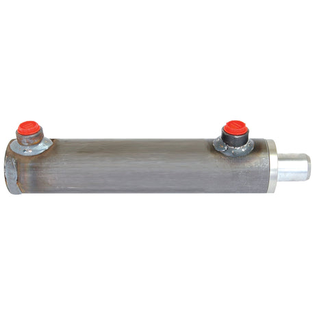 The Sparex Hydraulic Double Acting Cylinder Without Ends (Part No. S.59201), measuring 25 x 40 x 150mm, features a cylindrical metal body with two red-capped ports and a slightly weathered surface.