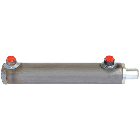 A Sparex Hydraulic Double Acting Cylinder Without Ends, 25 x 40 x 200mm (Sparex Part No.S.59202), featuring a cylindrical metal body with a 40mm bore, two red-capped ports, and a protruding rod on one end.