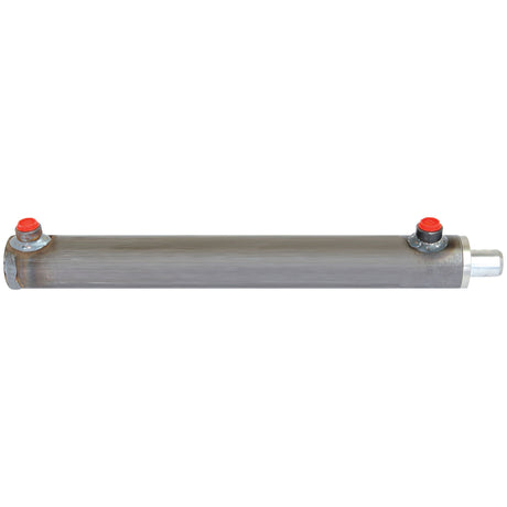 Introducing the Sparex Hydraulic Double Acting Cylinder Without Ends, 25 x 40 x 350mm (Part No. S.59205). This gray cylinder features a robust cylindrical body and dual red pressure valves on one end, with a durable metallic rod extending from the other. A noteworthy aspect of this sophisticated device is its impressive Cylinder Stroke of 350mm, considerably enhancing its functionality.