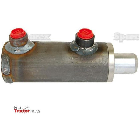 Image of a Hydraulic Double Acting Cylinder Without Ends for a Massey Ferguson tractor, showcasing two red-capped ports on the top and the Massey Tractor Parts logo in the bottom left corner. The Sparex-branded cylinder, with part number S.59215, boasts a 100mm stroke and a 50mm bore (30 x 50 x 100mm), making it ideal for various applications.