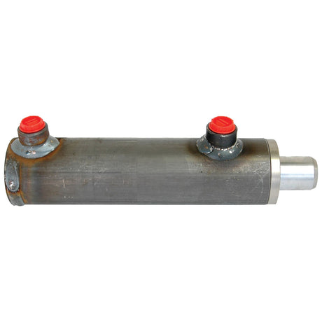 The Sparex Hydraulic Double Acting Cylinder Without Ends, 30 x 50 x 200mm (Part No. S.59217), features a 200mm stroke and a 50mm bore, with two red-capped ports and a silver rod on one end. It has signs of wear or rust, indicated by brown discoloration.