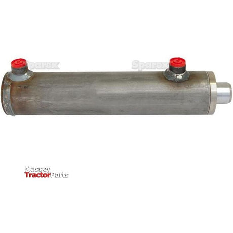 The Sparex Hydraulic Double Acting Cylinder Without Ends (35 x 60 x 200mm | Sparex Part No. S.59230), featuring a metallic build and two red valves, designed for use in Massey tractors, is positioned horizontally against a white background.