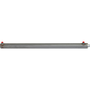 A long, cylindrical metal pipe with fittings on both ends, including two small red caps, resembles the Sparex Hydraulic Double Acting Cylinder Without Ends with a Cylinder Bore of 60mm and a Cylinder Stroke of 1000mm (Sparex Part No. S.59240).