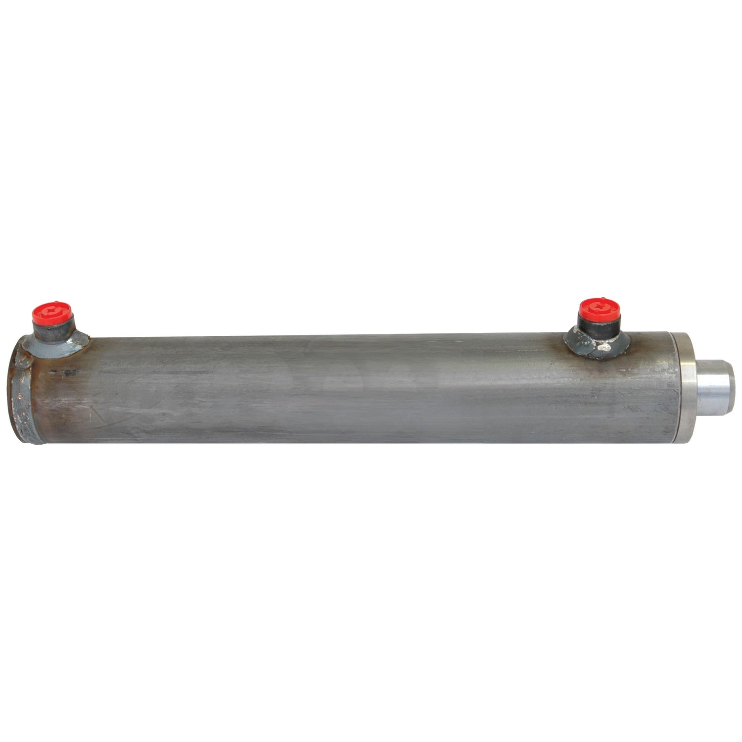 The Sparex Hydraulic Double Acting Cylinder Without Ends, with a 60mm bore and 300mm stroke (Sparex Part No. S.59232), is a cylindrical metal object featuring two red-capped openings on one side and a smaller silver end.