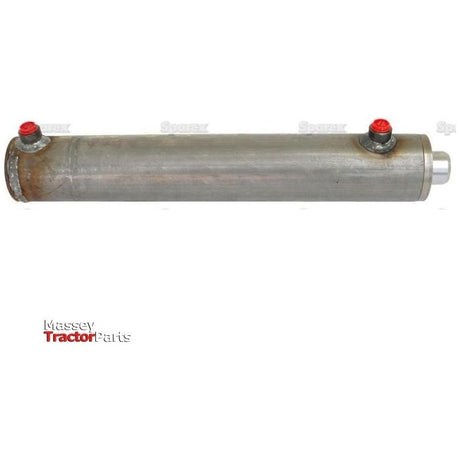 A cylindrical metal tractor part with a cylinder bore of 70mm and two red fittings, displayed against a white background. The text "Massey Tractor Parts" is at the bottom left corner. This Hydraulic Double Acting Cylinder Without Ends, 40 x 70 x 350mm (Sparex Part No.S.59246) from Sparex ensures optimal performance for your machinery.