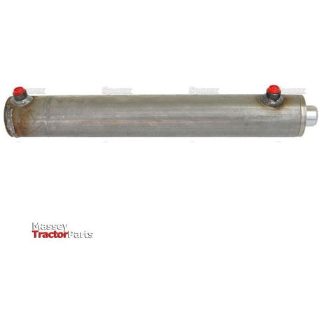 Image of a Sparex Hydraulic Double Acting Cylinder Without Ends, featuring two red-capped ports. The steel-colored cylinder, marked with "Massey Tractor Parts" on the bottom left, has specifications of 40 x 70mm bore and a 400mm stroke (Sparex Part No.S.59247).