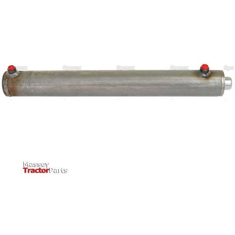 A metal hydraulic double-acting cylinder with red and silver caps, viewed from the side. The text "Massey Tractor Parts" is visible in the bottom left corner. With a cylinder bore of 70mm and a stroke of 500mm, the Sparex Hydraulic Double Acting Cylinder Without Ends (Sparex Part No.S.59249) boasts impressive performance and durability.