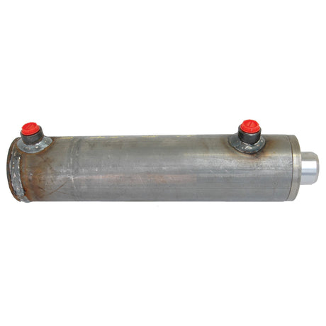 The Sparex Hydraulic Double Acting Cylinder Without Ends, Part No. S.59243, is a durable metal unit measuring 40 x 70 x 200mm. It features a cylindrical design and includes two red-capped ports for efficient performance.