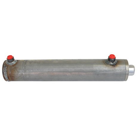 A cylindrical metal Hydraulic Double Acting Cylinder Without Ends, featuring two red valve caps, a silver piston rod, and a 40mm diameter, is available at Sparex under Part No. S.59245.