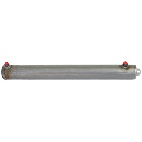 A metallic cylindrical object identified as the "Hydraulic Double Acting Cylinder Without Ends, 40 x 70 x 550mm | Sparex Part No. S.59250" from the brand Sparex, featuring two red-capped valves on one end and a protruding connector on the opposite end.