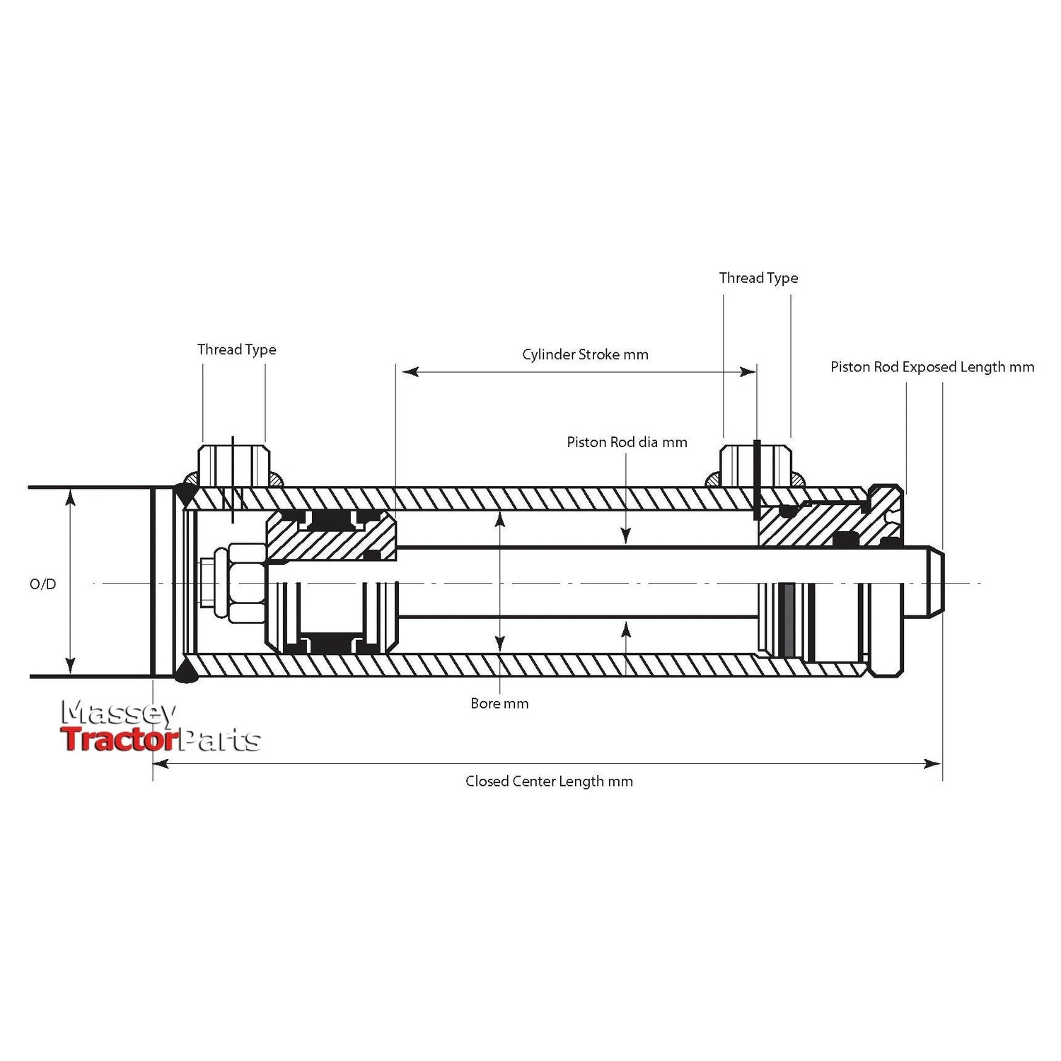 Technical drawing of a Hydraulic Double Acting Cylinder Without Ends by Sparex (Sparex Part No. S.59259), showing dimensions for stroke length, bore diameter, piston rod diameter, exposed rod length, closed center length, and thread type. Massey TractorParts logo. Dimensions: 50 x 80 x 600mm.