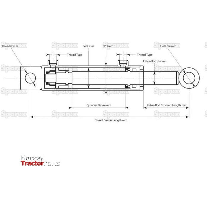 Technical diagram of a Sparex Hydraulic Double Acting Cylinder with Ends (Sparex Part No. S.136881), detailing measurements such as bore diameter, stroke length, and piston rod dimensions (20 x 32 x 200mm). Labels include "Thread Type" and "Piston Rod Exposed Length.
