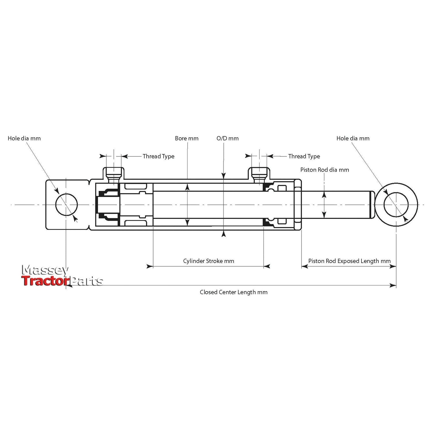 Technical diagram of the Sparex Hydraulic Double Acting Cylinder with Ends (Sparex Part No.S.136881, 20 x 32 x 200mm), showing various measurements and components such as bore, piston rod, and cylinder stroke. Dimensions (20 x 32 x 200mm) and thread types are also labeled.