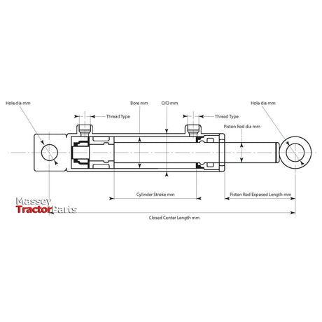 Technical diagram of the Sparex Hydraulic Double Acting Cylinder with Ends (Sparex Part No.S.136881, 20 x 32 x 200mm), showing various measurements and components such as bore, piston rod, and cylinder stroke. Dimensions (20 x 32 x 200mm) and thread types are also labeled.