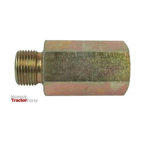 The Sparex Hydraulic Adaptor 3/8'' BSP Male x 1/2'' BSP Fixed Female, part number S.12463, is a brass hexagonal coupling with threaded ends, designed for use as a connector. It features the "Massey Tractor Parts" logo at the bottom left and serves as a compatible BSP Male to Female hose extension adaptor.