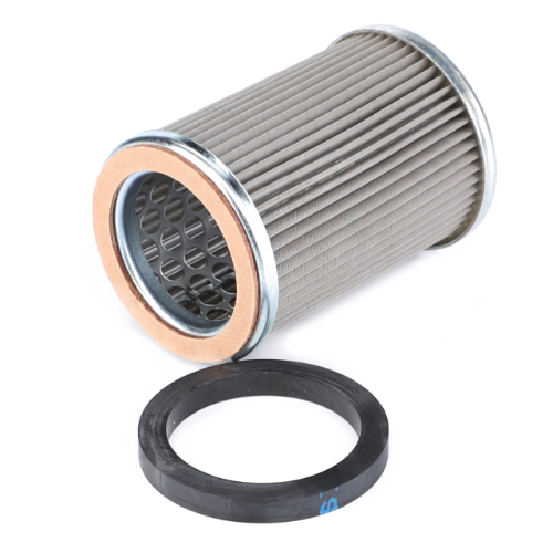 A cylindrical AGCO hydraulic filter with metallic mesh and a rubber sealing gasket, model 1687042M91 / 1870199M92, ideal for Massey Ferguson tractors, placed beside it.