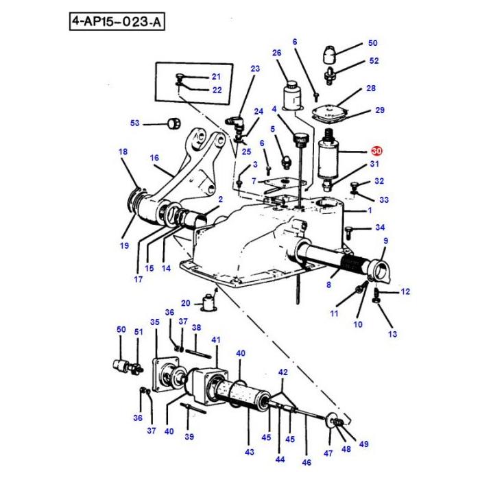 An exploded diagram of the 300 Series Massey Ferguson hydraulic filter (part numbers: 3530223M92 and 3530223M93) by AGCO, featuring numbered parts and labels.