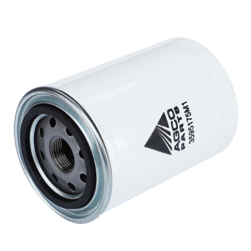 A cylindrical, white hydraulic filter from AGCO, labeled 3595175M1, designed for filtration applications in Massey Ferguson tractors.