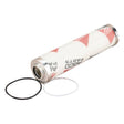 The AGCO Massey Ferguson Hydraulic Filter (3615949M3) with metal ends is designed for MF models in both 2WD and 4WD configurations. The cylindrical filter, which comes with black and white O-rings, is shown lying on its side.