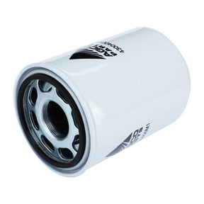 A white cylindrical hydraulic filter from AGCO's Massey Ferguson 4300400M1 series, featuring a metallic threaded center and printed text on the side, is shown.