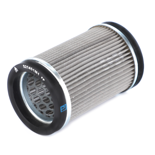 Image of a cylindrical hydraulic filter with metal mesh and rubber ends, part number 5214571M1 from AGCO, specifically designed for Massey Ferguson 100 Series tractors, placed on a white background.