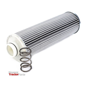 A high-quality AGCO hydraulic filter cartridge, model number 4381314M1, is displayed on a white background alongside three coiled metal springs. This cylindrical part, featuring a white end cap, ensures optimal performance and is compatible with Massey Ferguson models.