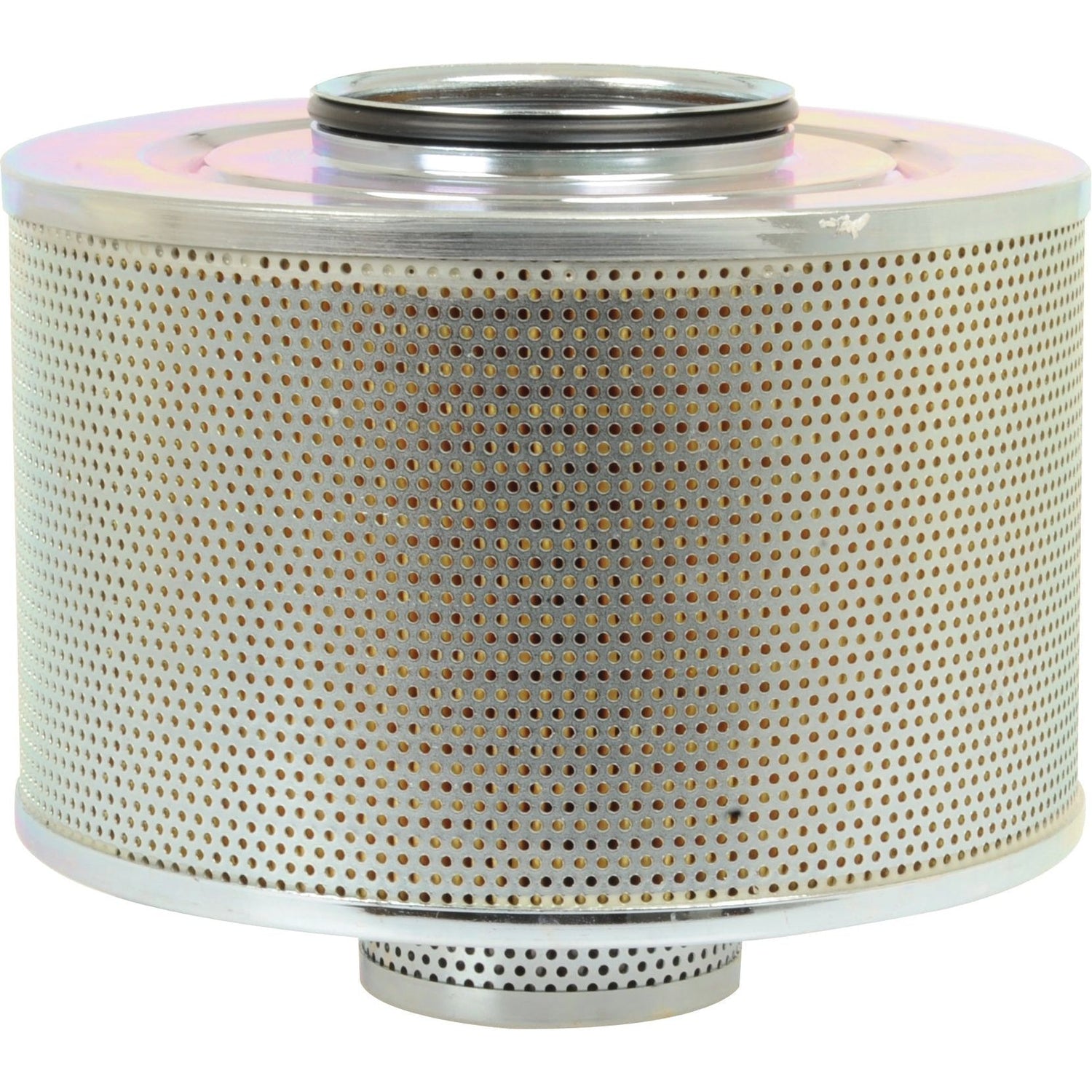 The Hydraulic Filter - Element - HF35376 (Sparex Part No. S.34593) by Sparex is a metal cylindrical industrial filter designed for Ford / New Holland hydraulic systems, featuring perforated sides and circular openings on the top and bottom.