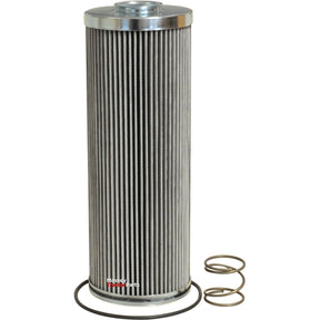 A Sparex cylindrical metal filter with a perforated design, standing upright, resembling those used in Case IH MXM tractors. Three circular metal rings are positioned next to its base. Weight: 0.71kg | Sparex Part No.S.119378