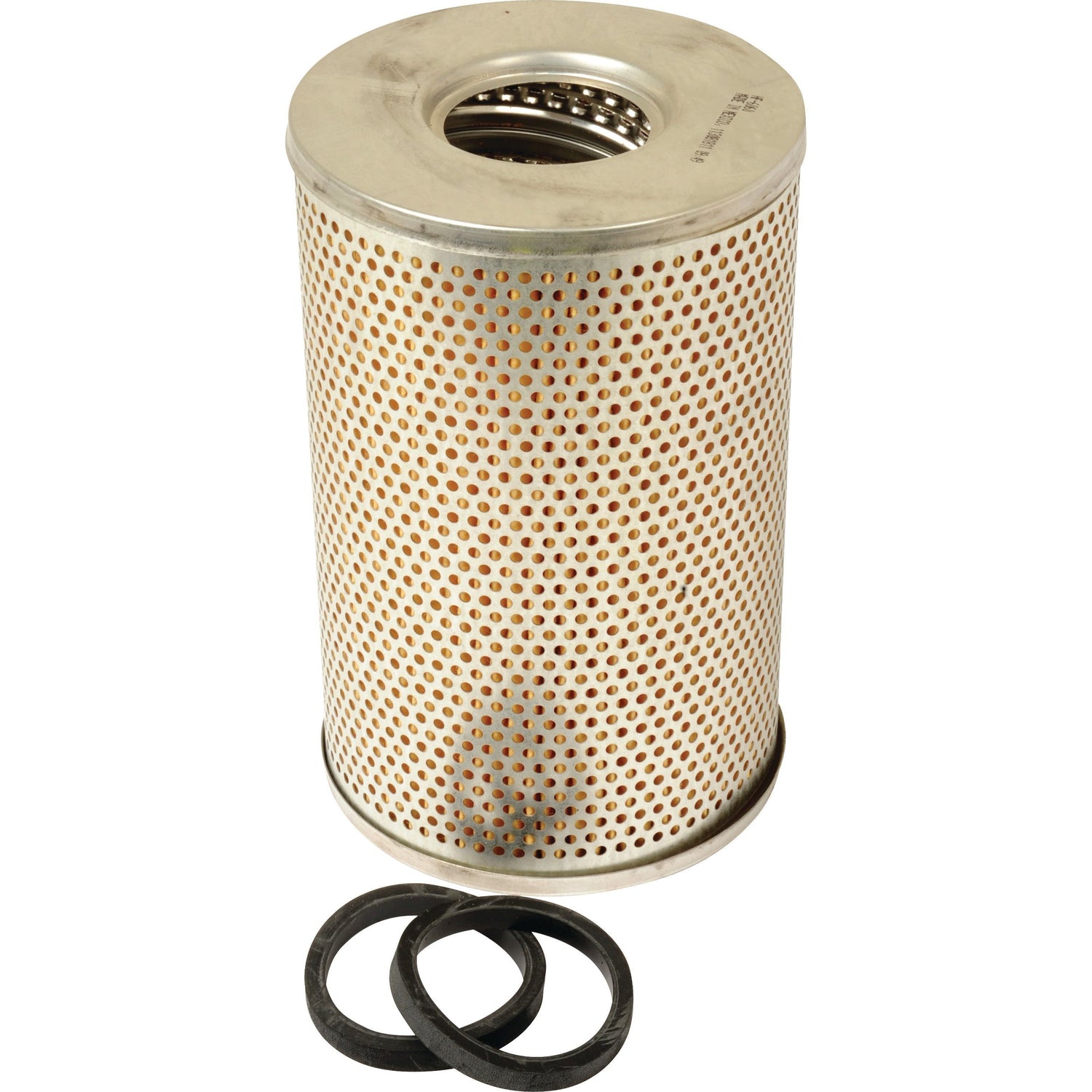 A cylindrical metal Sparex Hydraulic Filter - Element - HF6060 (Sparex Part No. S.76447) with perforations, accompanied by two rubber gaskets, placed separately below the filter.