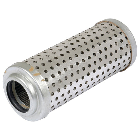 A Sparex Hydraulic Filter - Element (Sparex Part No. S.40881) is a cylindrical metallic filter featuring perforated holes throughout its body, designed for filtering fluids or gases, and includes a capped end with a small opening.
