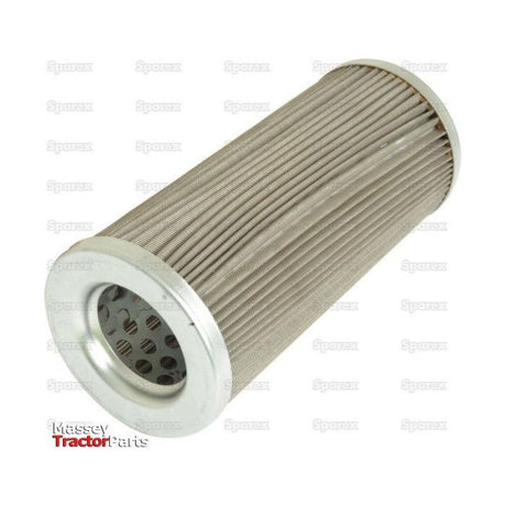 A Hydraulic Filter - Element, Sparex Part No.S.40883 for Massey Ferguson tractors, featuring a cylindrical metal design with pleated material, broader mesh at one end, and smaller perforations at the other, displayed on a white background by Sparex.