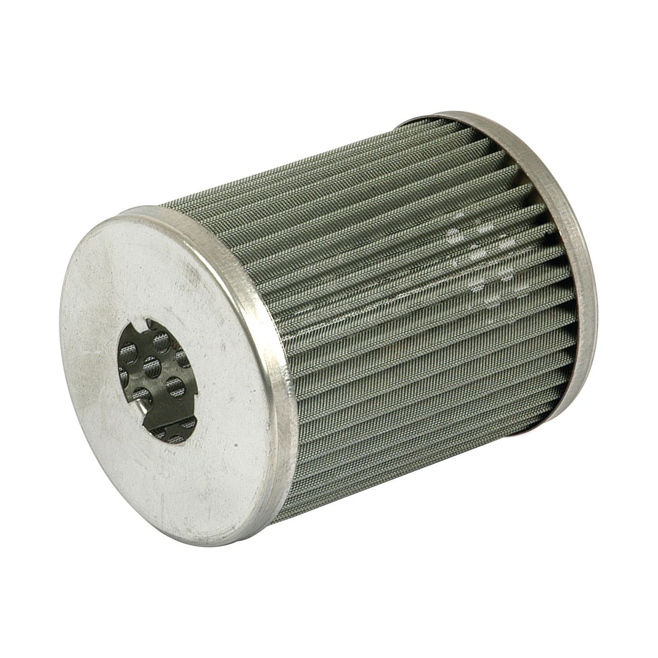 Cylindrical metal mesh hydraulic filter with flat end caps, one end featuring a circular pattern of holes, compatible with Ford/New Holland - Sparex Hydraulic Filter Element (Sparex Part No. S.66182).