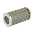 The Sparex Hydraulic Filter - Element (Part No. S.76834) features a cylindrical metal design with perforated ends and pleated sides, ideal for industrial or mechanical filtration applications, especially suited as a hydraulic filter for Leyland tractors.