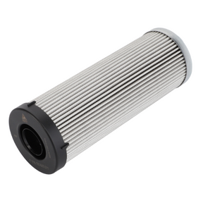 Introducing the AGCO Fendt - Hydraulic Filter - F916100600010 / F916100600011: a cylindrical metal filtration component featuring pleated sides and black and gray end caps. Designed for filtering liquids or gases, this filter is ideal for Fendt Vario models. Its robust construction ensures reliable performance across various environments.