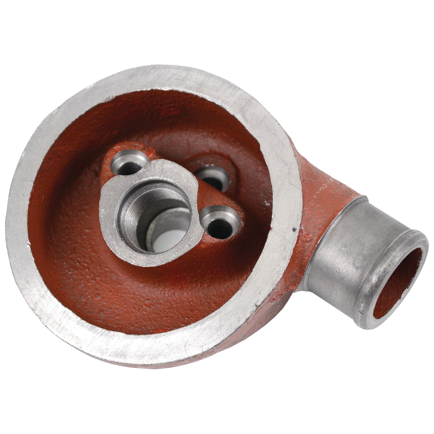 Close-up of a red-painted metal industrial part with circular and tubular sections, featuring several holes and fittings, resembling the Sparex Hydraulic Filter Head (Part No. S.59196).