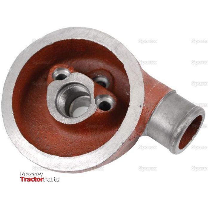 A red and silver metal tractor part displayed from a top angle, featuring multiple openings. The item is labeled "Massey Tractor Parts" and includes a Sparex Hydraulic Filter Head (Part No. S.59196) for efficient performance.