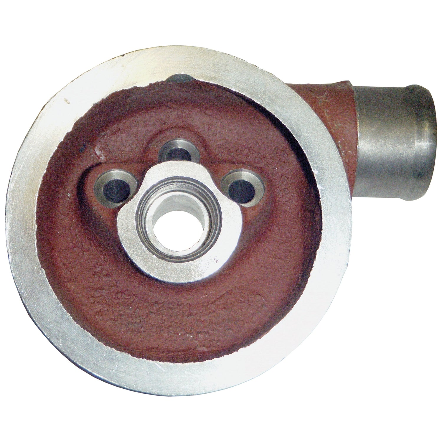 The Sparex Hydraulic Filter Head (Sparex Part No. S.59196) is a mechanical component featuring a circular red base with a metallic outer rim and includes a central threaded hole flanked by three smaller ones. Additionally, it has a tubular extension on one side for fluid connection.