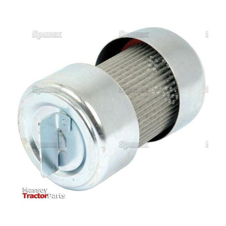 Close-up of a metallic cylindrical oil filter with visible metal mesh and a connector on one end. The text "Sparex" is visible in the bottom left corner, highlighting its inclusion in the Hydraulic Filter Kit (Sparex Part No. S.42878) for Massey Ferguson tractors.