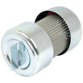 A cylindrical metal fuel filter with a mesh screen and a top lid featuring a metal tab, often included in the Sparex Hydraulic Filter Kit (Sparex Part No. S.42878) for Massey Ferguson hydraulic pumps.
