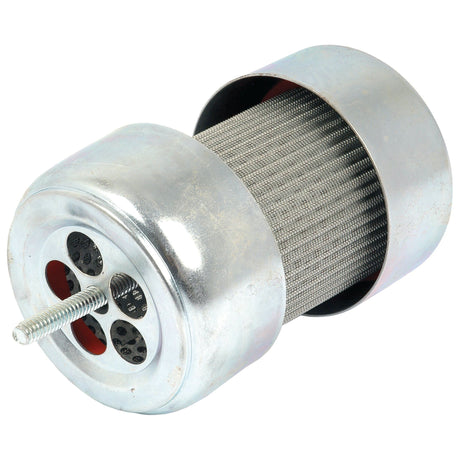 The Sparex Hydraulic Filter Kit (Sparex Part No. S.42878) features a metal cylindrical filter cartridge with a perforated top, complete with a central screw thread for mounting and a pleated mesh filter body, making it ideal for use in Massey Ferguson equipment.