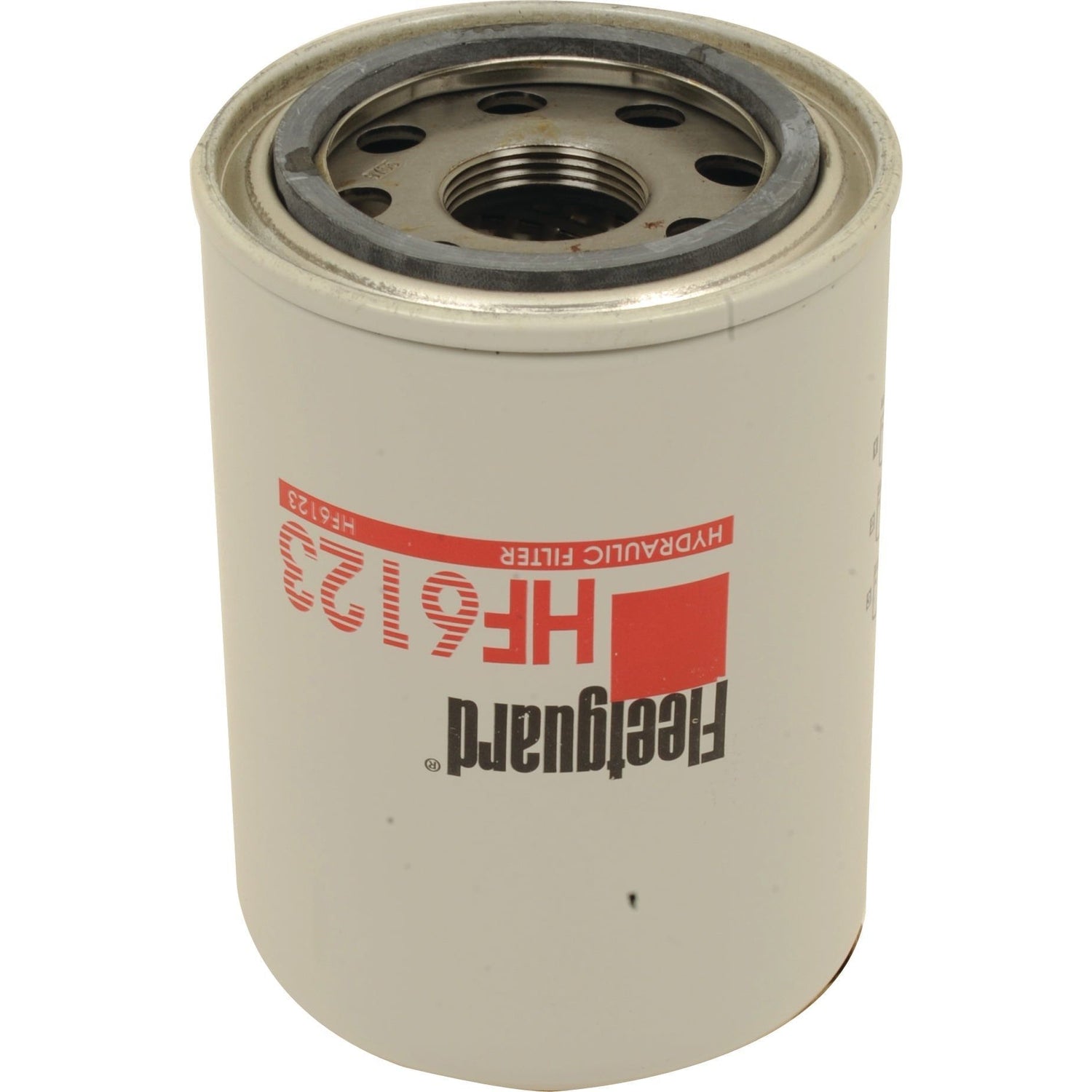 A white cylindrical hydraulic filter from Sparex, labeled "HF6123," compatible with Ford/New Holland equipment.
