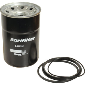 A Sparex hydraulic spin-on filter in black (Part No. S.118332), accompanied by three black rubber gaskets, compatible with Donaldson Filters.
