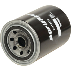 A cylindrical black hydraulic filter with the label "Sparex S.119372," compatible with Massey Ferguson machines, features a metal rim and multiple holes on one end for optimal performance.