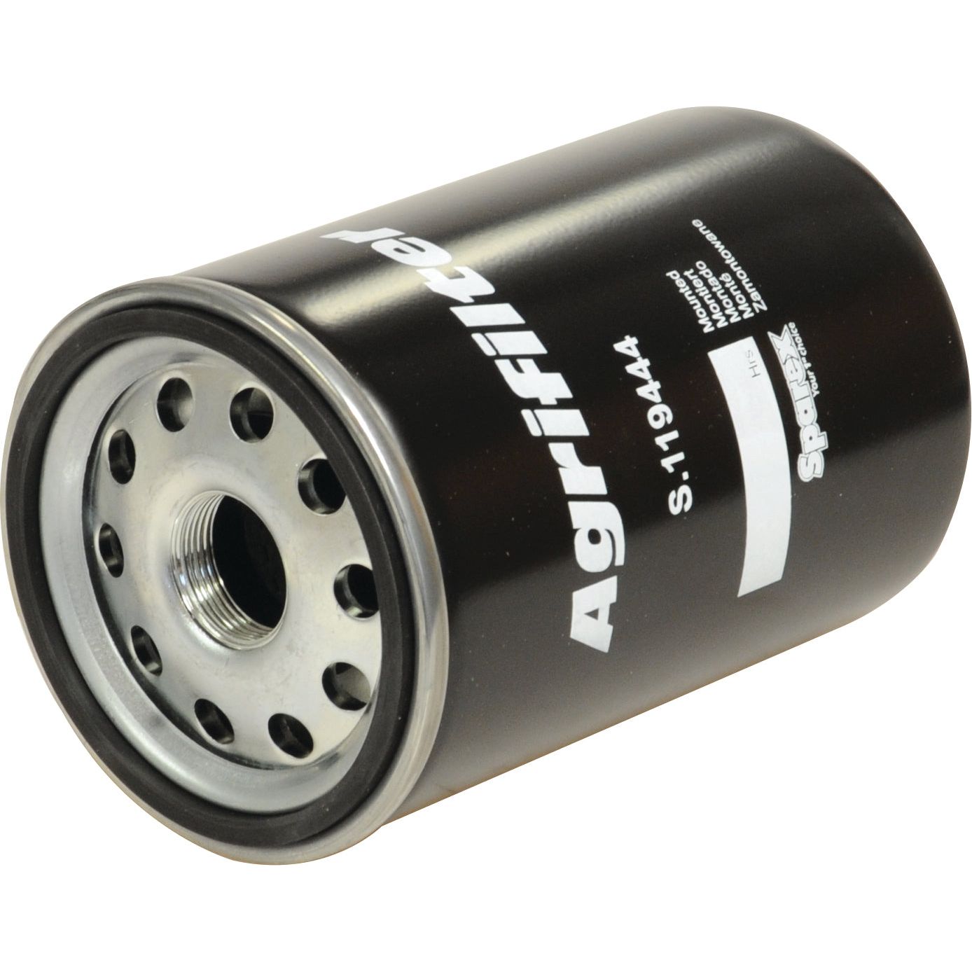 Close-up of a black cylindrical hydraulic filter with multiple holes around the top and inscriptions including "Sparex" and "S-119444" on the body, suitable for Case IH equipment.