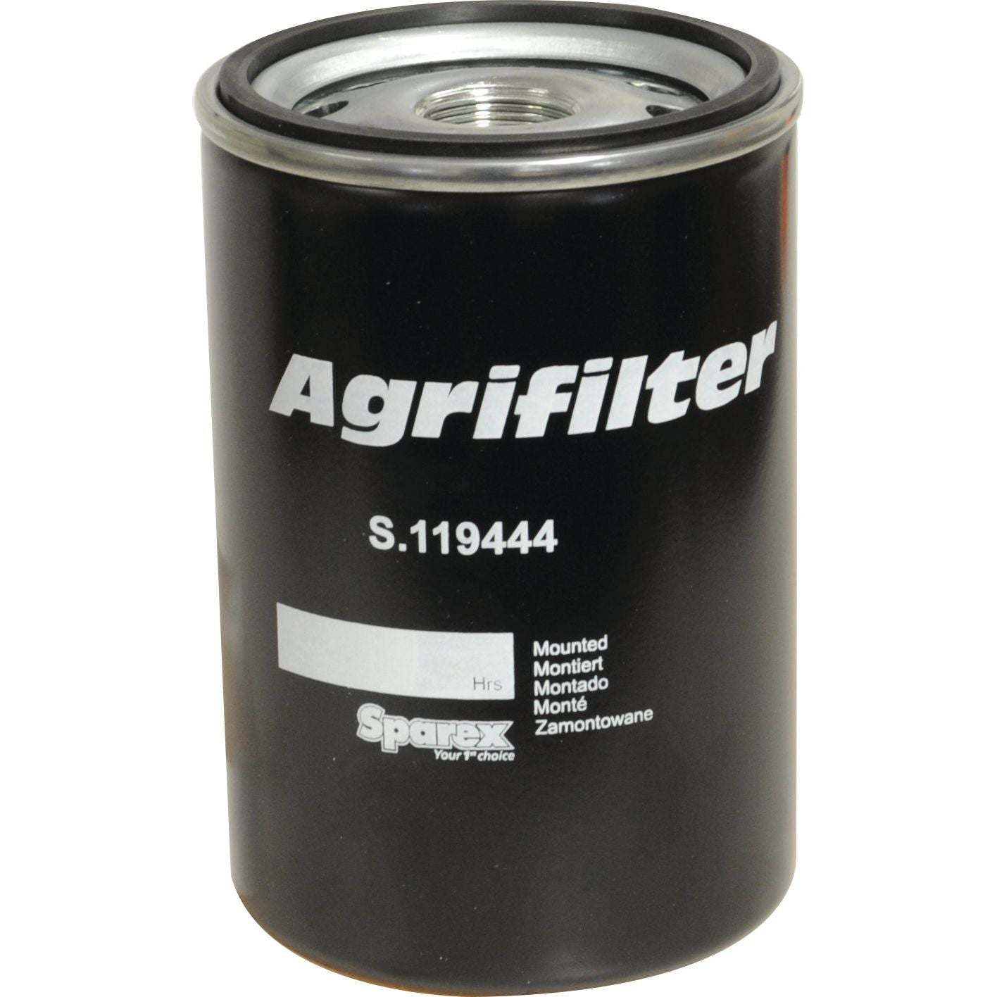 A black Sparex Hydraulic Filter - Spin On with the part number S.119444, designed for Case IH tractors, and featuring various translations of "mounted" printed on it.
