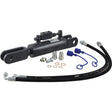 A Sparex Hydraulic Levelling Box, complete with hoses, fittings, washers, and a check valve, is arranged on a white background. This includes features like fork holes with diameters of 25mm and 26mm, a minimum length of 440mm, and a cylinder bore of 63mm (Sparex Part No. S.153736).